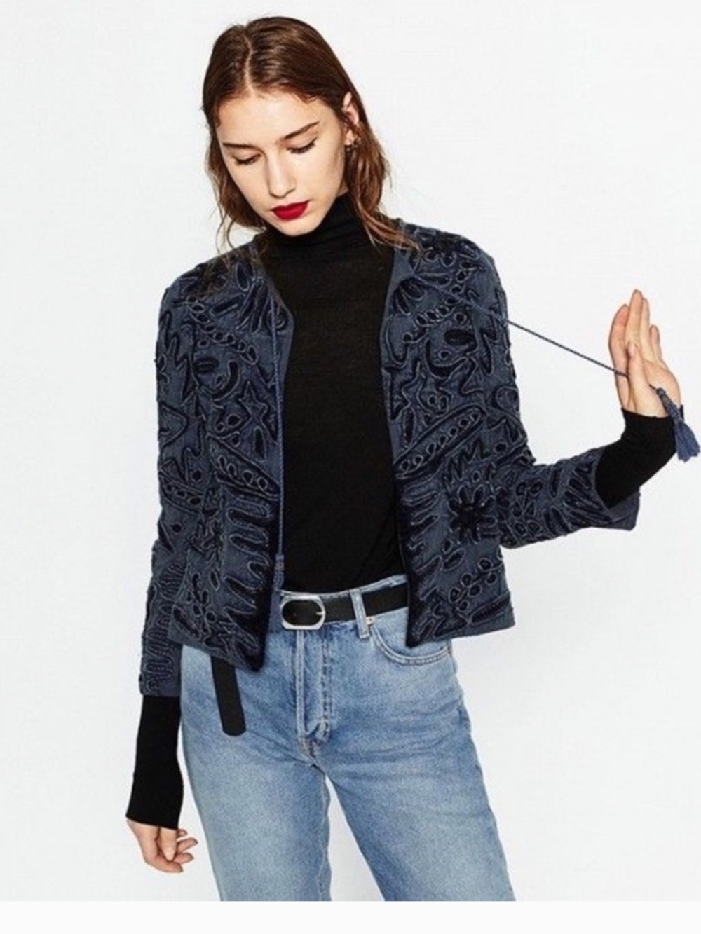 Zara Navy Embroidered Cropped Jacket